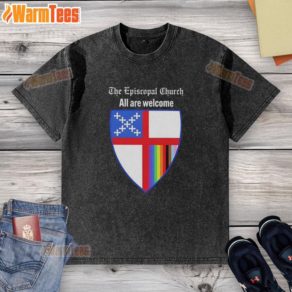 good-the-episcopal-church-all-are-welcome-badge-washed-t-shirt Good The Episcopal Church All Are Welcome badge on a washed t-shirt, promoting inclusivity and community spirit.