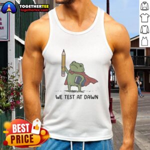 Premium teacher frog holding a giant pencil and calculus book, wearing 'We Test at Dawn' tank top.