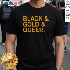 Alt Text: Official Black & Gold & Queer T-Shirt featuring vibrant colors and bold design celebrating LGBTQ+ pride and identity.