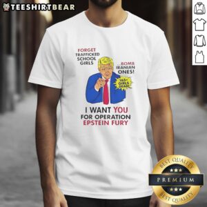 Top Trump 'I Want You For Operation Epstein Fury' T-Shirt featuring bold graphics on a black background.