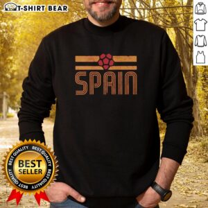 Alt Text: Retro stripe sweatshirt featuring Spain's colors, perfect for World Cup football fans and stylish sportswear enthusiasts.