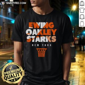 Nice New York Knicks Ewing Oakley Starks throwback basketball T-shirt featuring classic team colors and iconic player graphics.