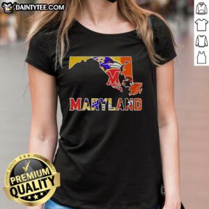 Maryland sports teams graphic on a women's tee, showcasing pride in Nice Maryland sports apparel.