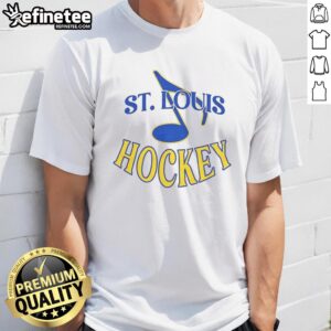 Alt Text: Top St. Louis Blues NHL musical note logo T-shirt featuring vibrant colors and stylish design for fans.