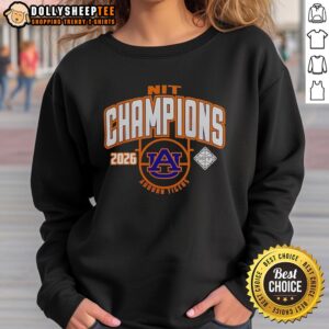 Official Auburn Tigers Men's Basketball NIT Champions 2026 sweatshirt featuring team logo and championship details.