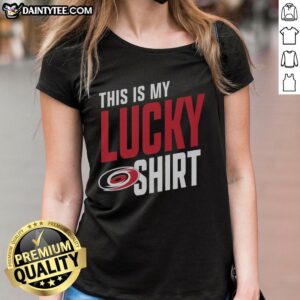 Hot Carolina Hurricanes 'This Is My Lucky Ladies Tee' featuring vibrant team colors and stylish design for fans.