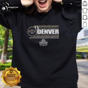 Alt Text: Cozy sweatshirt featuring the Denver Pioneers logo, celebrating their 11 NCAA Frozen Four men's ice hockey championships.