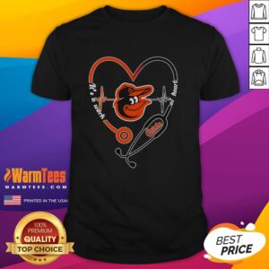Good Baltimore Orioles 'It's A Work Of Heart' T-shirt featuring a stethoscope and heartbeat design for fans.