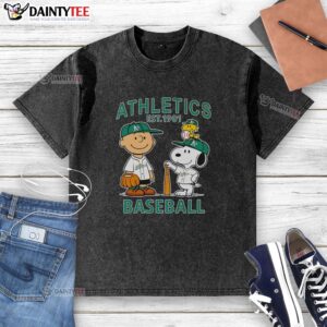 Alt Text: Good Charlie Brown, Snoopy, and Woodstock on Oakland Athletics baseball jersey t-shirt, established 1901.