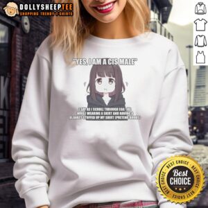 Funny 'Yes, I Am A Cis Male' sweatshirt worn by a man scrolling through his phone, showcasing eggirl style.