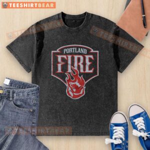Original Portland Fire logo on a washed t-shirt, showcasing vibrant colors and a stylish, casual design for fans.