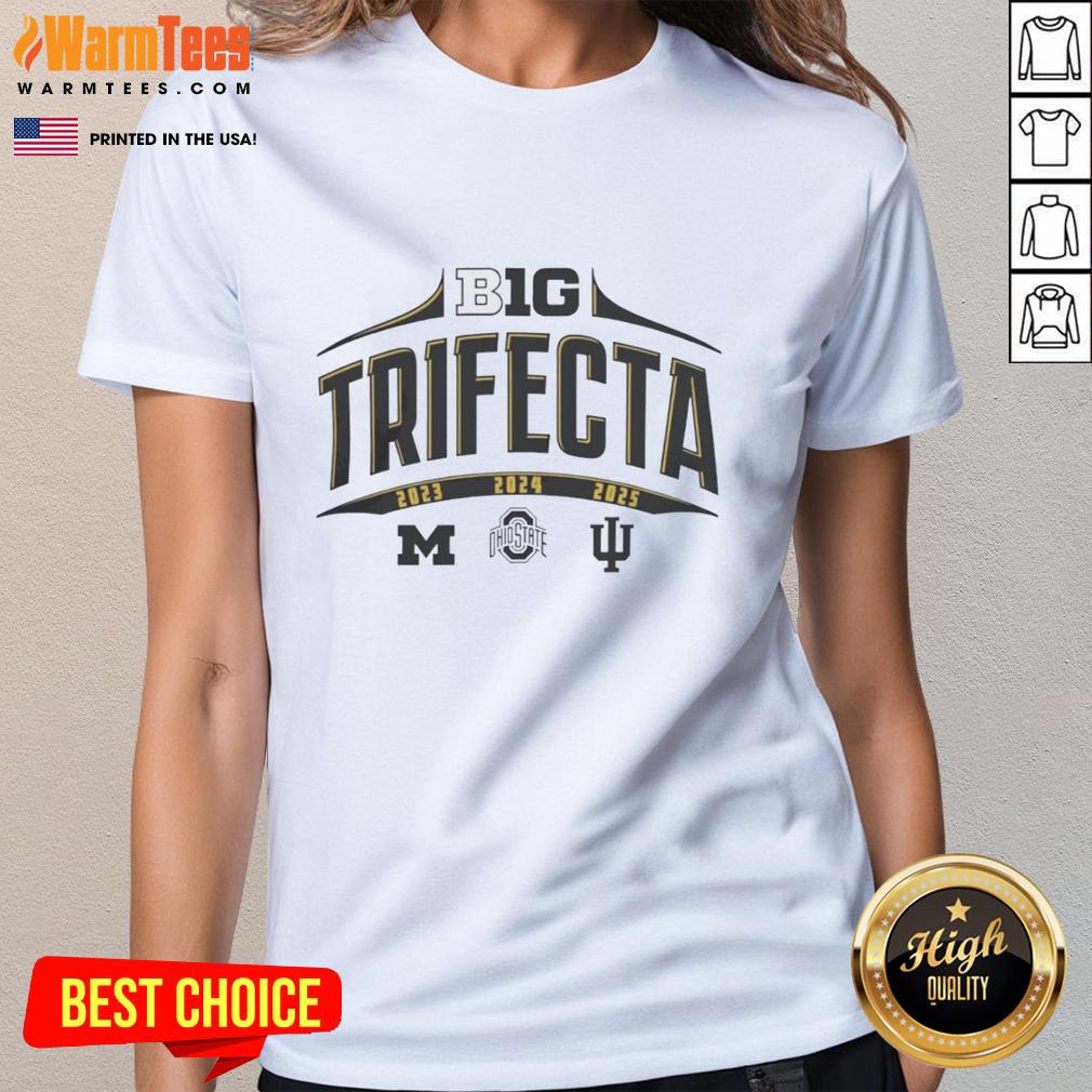 hot-big-ten-summit-sportswear-college-football-national-champions-trifecta-ladies-tee Alt Text: Hot Big Ten Summit Sportswear ladies tee celebrating college football national champions with stylish design.
