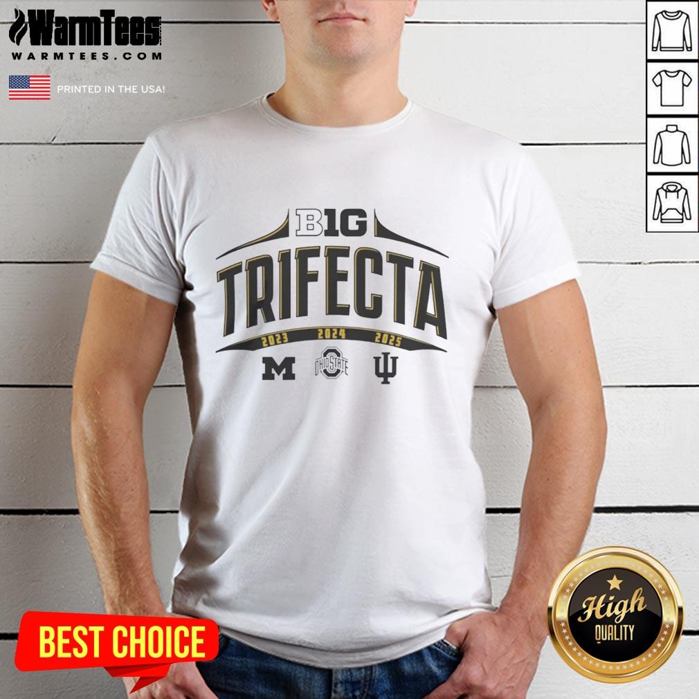 hot-big-ten-summit-sportswear-college-football-national-champions-trifecta-t-shirt Alt Text: Hot Big Ten Summit Sportswear College Football National Champions Trifecta T-Shirt showcasing vibrant design and team pride.