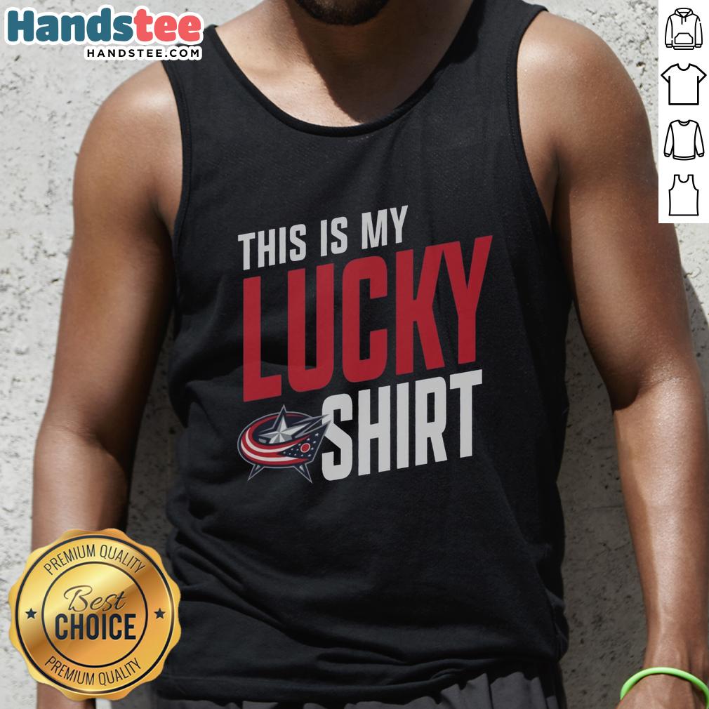 hot-columbus-blue-jackets-this-is-my-lucky-tank-top Fan wearing a blue tank top with 'This Is My Lucky Tank Top' at a Columbus Blue Jackets game, showcasing team spirit.