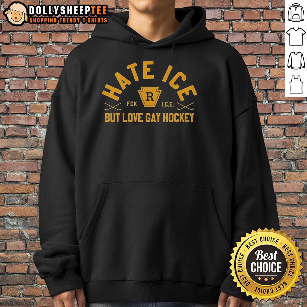 Hot Hate Ice But Love Gay Hockey Hoodie Person wearing a 'Hot Hate Ice But Love Gay Hockey' hoodie, showcasing LGBTQ+ pride and love for hockey.