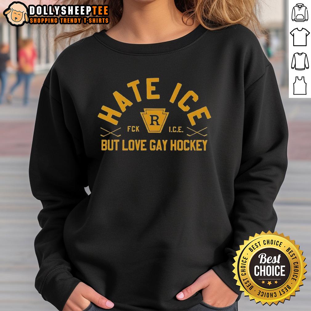 Hot Hate Ice But Love Gay Hockey Sweatshirt Colorful 'Hot Hate Ice But Love Gay Hockey' sweatshirt showcased on a model, celebrating LGBTQ+ pride in sports.