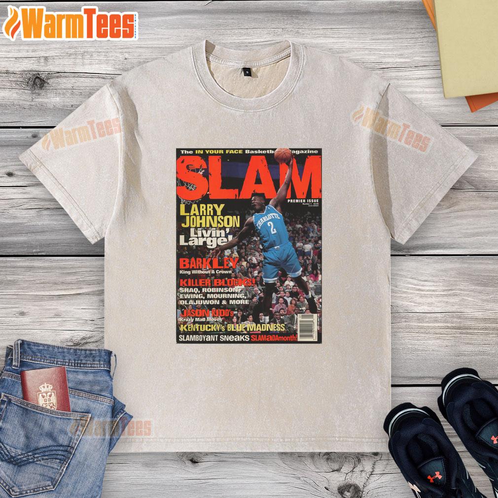 hot-larry-johnson-livin-larger-the-in-your-face-basketball-magazine-slam-washed-t-shirt Hot Larry Johnson 'Livin Larger' Slam Washed T-Shirt featured in In Your Face Basketball Magazine, perfect for fans.