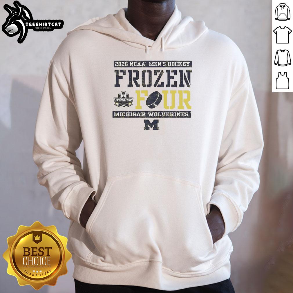 hot-michigan-wolverines2026-mens-ice-hockey-frozen-four-bound-hoodie Hot Michigan Wolverines 2026 Men's Ice Hockey Frozen Four Bound Hoodie featuring team colors and logo.
