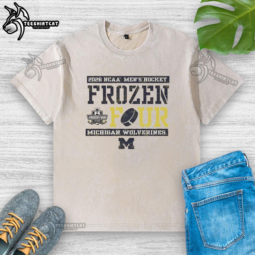 hot-michigan-wolverines2026-mens-ice-hockey-frozen-four-bound-washed-t-shirt Hot Michigan Wolverines 2026 Men's Ice Hockey Frozen Four Bound Washed T-Shirt featuring team logo and vibrant colors.