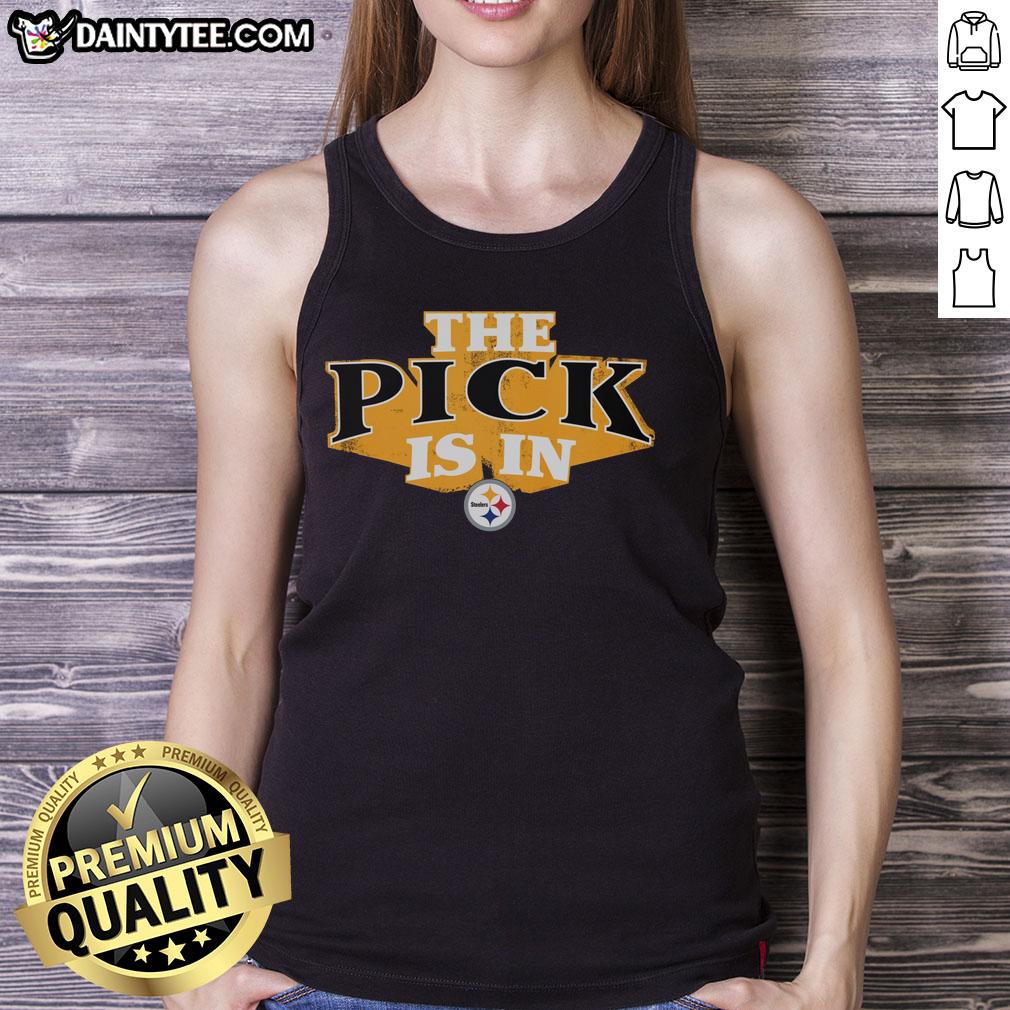 hot-pittsburgh-steelers-pick-is-in-tank-top Alt Text: Woman wearing a 'Hot Pittsburgh Steelers Pick Is In' tank top, showcasing team spirit and style for football fans.