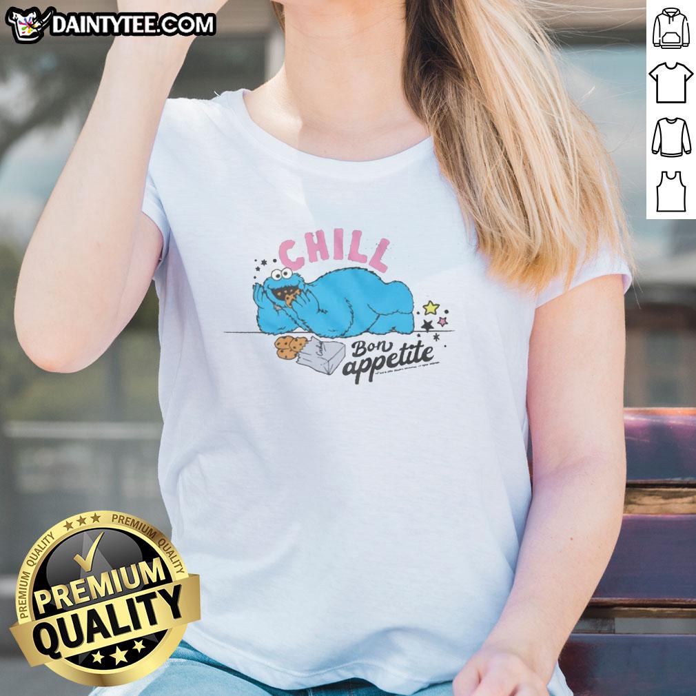 hot-sesame-street-cookie-monster-chill-bon-appetite-ladies-tee Alt Text: Hot Sesame Street Cookie Monster Chill Bon Appetit Ladies Tee in vibrant colors, perfect for casual wear.