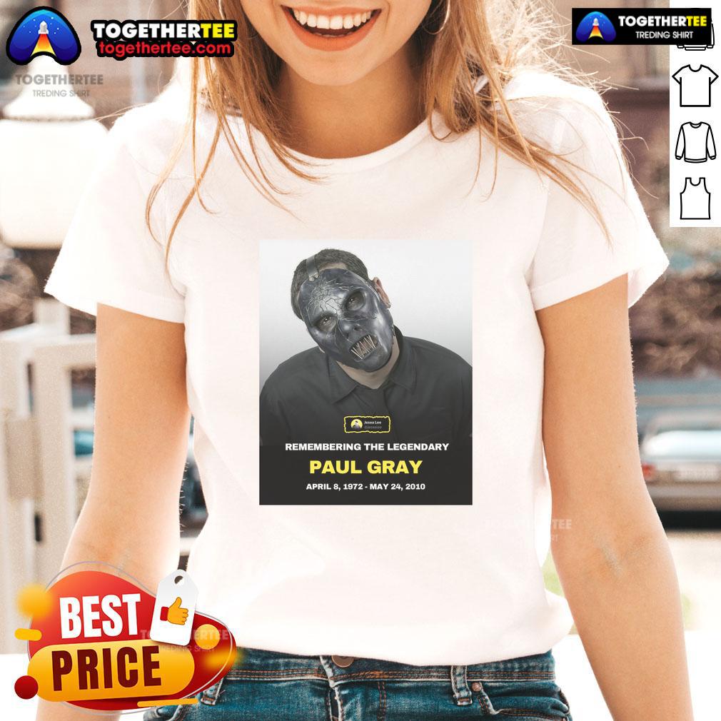 Hot Tribute Paul Gray Founding Bassist Of Slipknot Ladies Tee Alt Text: Hot Tribute tee featuring Paul Gray, founding bassist of Slipknot, perfect for fans of the band and metal music.