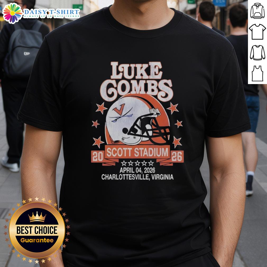Hot Virginia Cavaliers Helmet Luke Combs Scott Stadium Charlottesville Virginia April 04 2026 T-Shirt Alt Text: Hot Virginia Cavaliers helmet design on a Luke Combs T-shirt, featuring Scott Stadium in Charlottesville, Virginia.