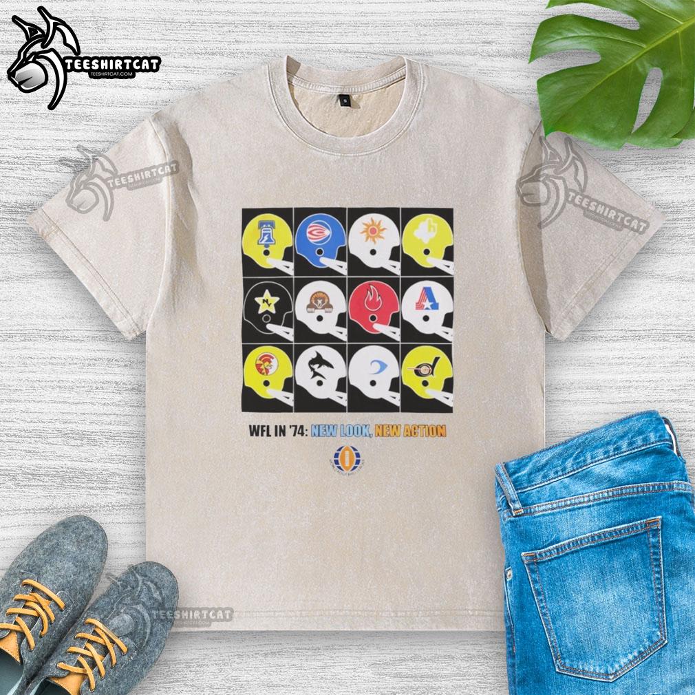 hot-wfl-in-1974-new-look-new-action-poster-washed-t-shirt 1974 Hot WFL New Look New Action poster washed t-shirt featuring vibrant graphics and retro design.