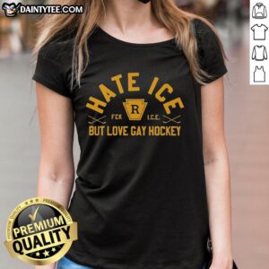 Good Hate Ice But Love Gay Hockey Ladies Tee showcasing vibrant design for proud LGBTQ+ hockey fans.