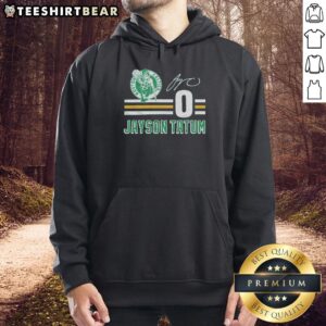Alt Text: Jayson Tatum signature hoodie featuring Boston Celtics colors, perfect for fans looking to showcase team pride.