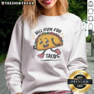 Cozy 'Nice Will Run For Tacos' sweatshirt perfect for taco lovers, featuring a fun and playful design in vibrant colors.