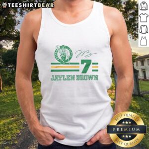 Alt Text: Awesome Celtics Jaylen Brown signature jersey tank top featuring vibrant team colors and stylish design.