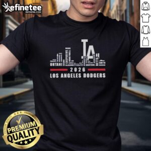Alt Text: Los Angeles Dodgers 2026 Greatest Of All Time Players T-Shirt with city skyline design, perfect for baseball fans.