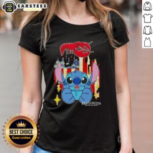 Alt Text: Cute stitch-like red lobster design on a USA flag ladies tee, perfect for summer and patriotic celebrations.