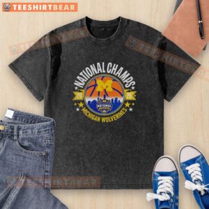 Top Michigan Wolverines MBB 2026 National Champions Circle Washed T-Shirt featuring vibrant team colors and logo.