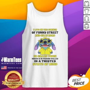 Alt Text: Nice Stitch tank top featuring 'I Live on the Corner of Funny Street and Silly Road in Crazy Town' design.