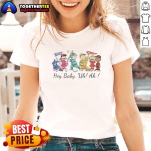 Alt Text: Awesome Snoopy Peanuts and Friends Hey Baby Uh Ah Ladies Tee featuring colorful cartoon graphics of Snoopy and friends.