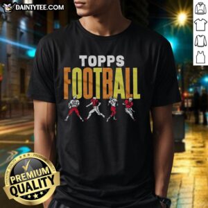Alt Text: Colorful Good Topps Football Multicolor T-Shirt displayed on a hanger, perfect for sports fans and casual wear.