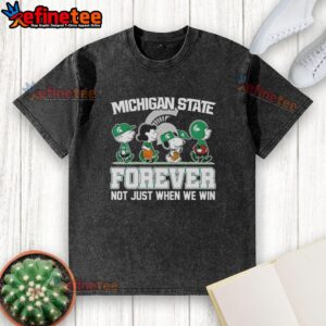 Alt Text: Cartoon characters on a washed t-shirt featuring Top Peanuts X Michigan State Spartans Forever Fan slogan.