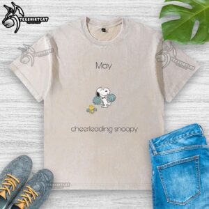 Cute May Cheerleading Snoopy washed t-shirt featuring a vibrant Snoopy design perfect for casual wear.
