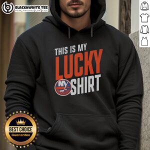 Person wearing a 'Nice New York Islanders' lucky hoodie at a game, showcasing team spirit and style.