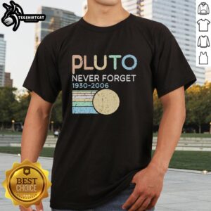 Alt Text: Pretty Retro Pluto Never Forget 1930-2006 T-Shirt featuring vintage design honoring Pluto's planetary status.