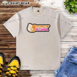 Alt Text: Nice Dunkin Ronpa logo parody washed t-shirt featuring vibrant colors and unique design for fans of both franchises.
