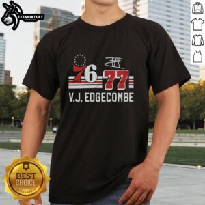 V.J. Edgecombe signature jersey t-shirt for top 76Ers fans, featuring vibrant team colors and official logo design.