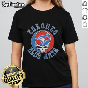Alt Text: Pretty Toronto Blue Jays X Grateful Dead Steal Your Face logo mashup on a stylish ladies tee.