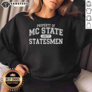 Alt Text: Good Property of Mc State Statesmen 1877 Sweatshirt featuring vintage design and university colors.