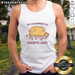 Alt Text: Cute tank top featuring a lazy cat with the phrase 'My Alignment Is Chaotic Lazy' for feline lovers.