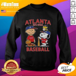 Cute Charlie Brown, Snoopy, and Woodstock in Atlanta Braves baseball jersey sweatshirt, established 1961.