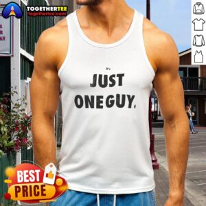 Man wearing 'Awesome It's Just One Guy' tank top, showcasing a casual summer style with a fun graphic design.