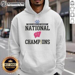 Nice Wisconsin Badgers 2026 Di Men's Ice Hockey Frozen Four Champions Hoodie in red with team logo on display.